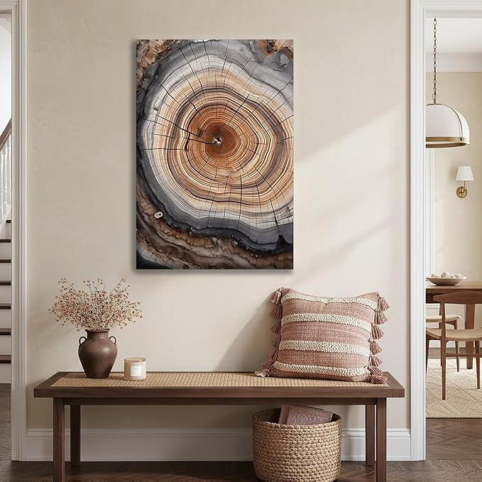 IBHJSART Framed Tree Ring Canvas Wall Art Vintage Colorful Wood Stump Painting Prints Modern Minimalist Pictures Neutral Nature Rustic Farmhouse Decor Living Room Bedroom Bathroom Office