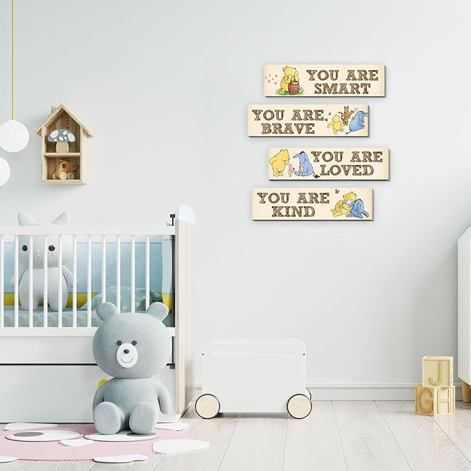 BirtDerr Winnie Room Decor- the Pooh Sign-Wooden Baby Stuff-Vintage Nursery Decor-4PCS Wall Decor Wall Art(Classic)-You Are Kind Brave