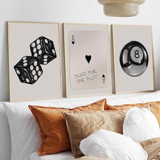 3Pcs Black and White Poker Dice Wall Art Funky Retro Y2K Trendy Preppy Pictures Lucky 8 Ball Poster Canvas Prints Artwork Painting for Game Room Apartment Dorm Aesthetic Decor 16x24in Unframed