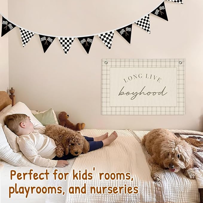 Lacama Car Room Decor,Boys Room Wall Art Decor for Toddler Nursery Playroom, Black and White Checkered Garland Triangle Banners,Racing Flags Bunting Flags Fabric for Baby Shower Birthday Party，Kidroom