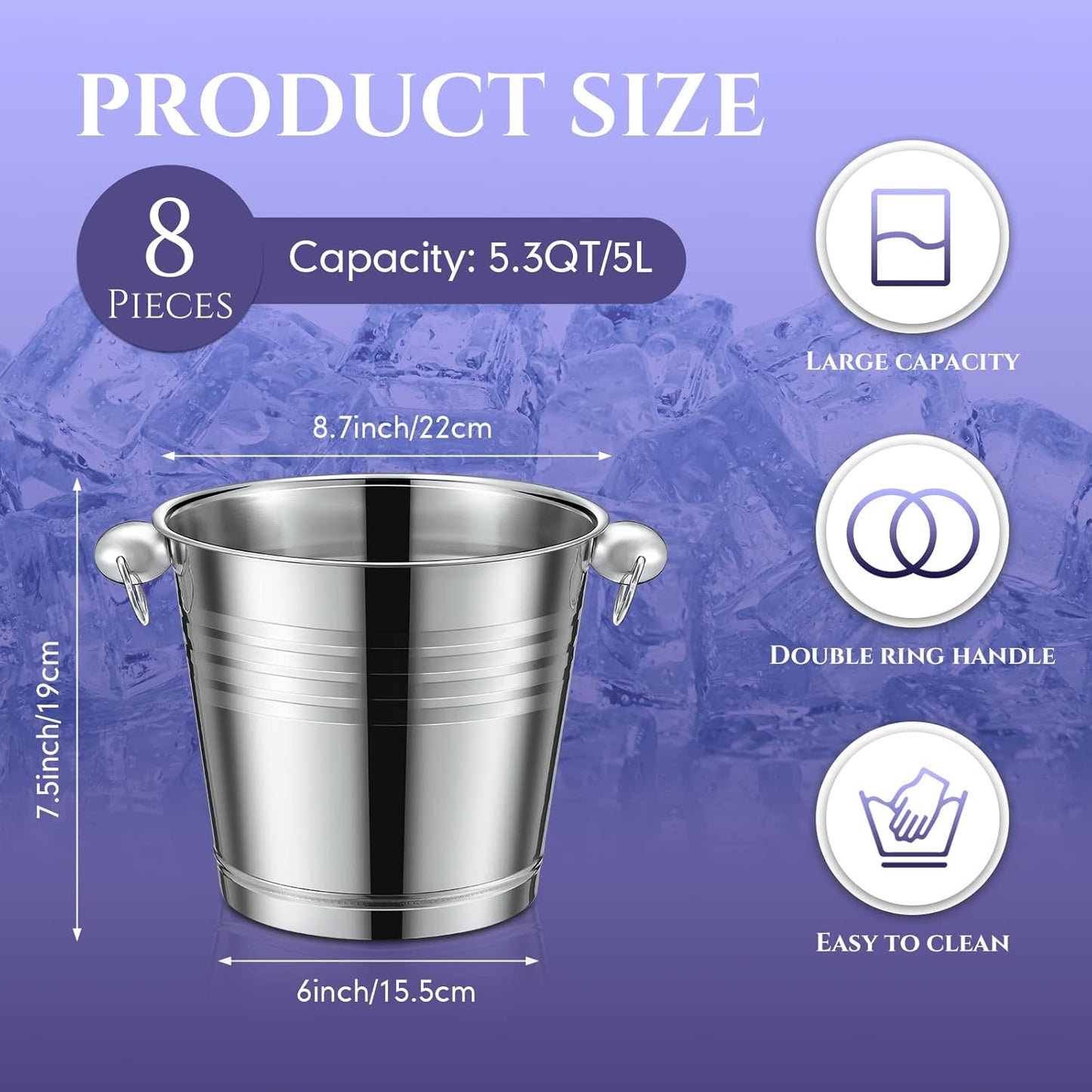 Amyhill 8 Pack Stainless Steel Ice Bucket 5.3 Quart/ 5 Liter with Handle Large Insulated Champagne Buckets Beer Bucket for Cocktail Bar Wine Parties Chilling Wine Champagne Home(Silver)
