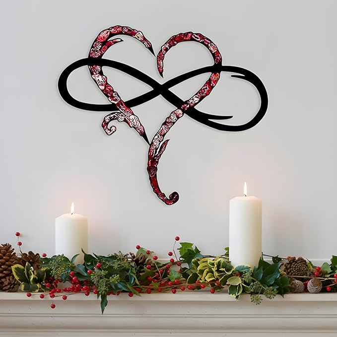 Infinity Heart Wall Decor, Unique Infinity Heart Metal Wall Art Decor Love Sign Steel Wall Plaques Bedroom Ornaments for Home Wedding Decor, Room Living Room Decoration (Red Black, 13.7x11.4inch)