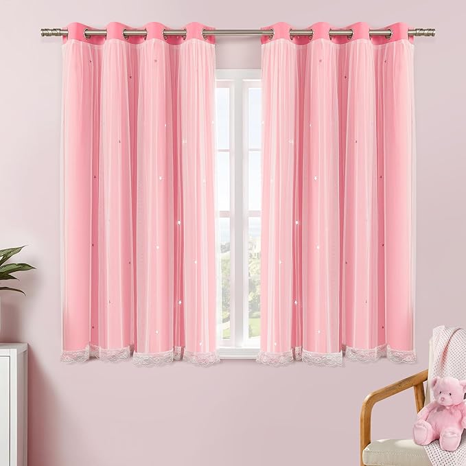 XiDi Pink Curtains for Girls Bedroom 54 Inches Long 2 Panels Blackout Double Layer Curtains with Sheer Overlay for Kids Princess Nursery Room Star Cut Out Home Decor Grommet Window Drapes W52 X L54