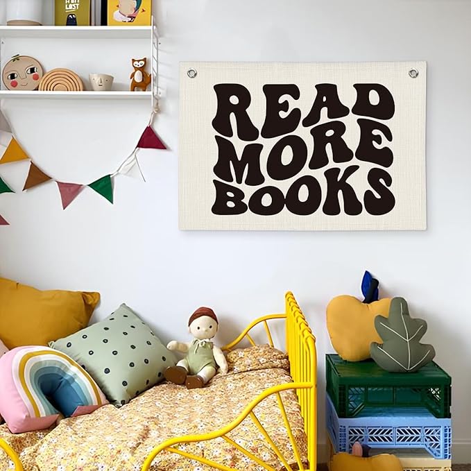 Reading Nook Decor Classroom Banner - Kids Room Decor, Reading Party Decorations, Kids Library Wall Hanging, Read More Books Linen Canvas Banner Flag for Nursery Playroom Homeschool 20x30