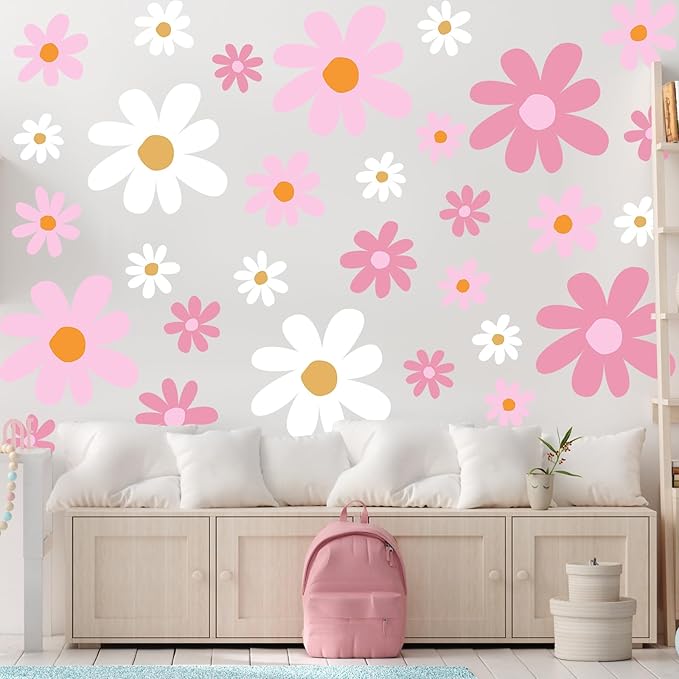TaoBary 12 Sheet Daisy Wall Sticker Decal Removable Cute Daisy Bedroom Room Decor Flower Wall Sticker Pink White Flower Decal Wallpaper Peel and Stick for Nursery Home(Pink Color,Vibrant Style)