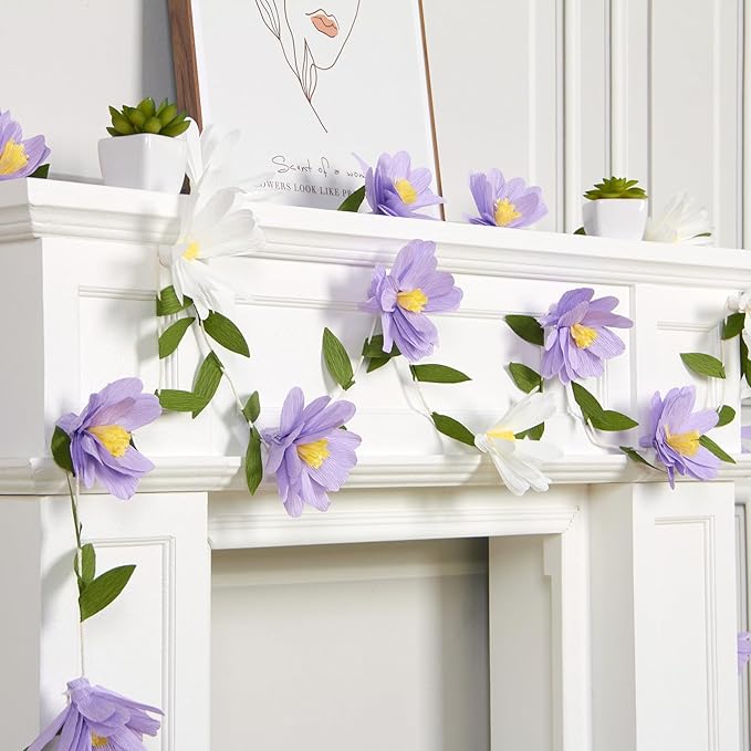 EASY JOY Crepe Paper Flowers Banner White Purple Spring Flower Garland Hanging Paper Florid Garland Leaves Banner for Spring Birthday Wedding Home Decorations