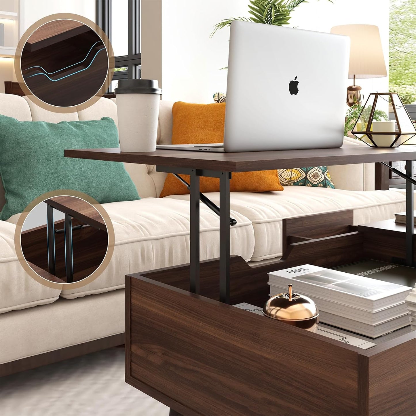 HAIOOU Lift Top Coffee Table with Storage, Mid Century Modern Coffee Tables with Drawer for Living Room,Walnut Rectangular Center Table with Pine Leg Anti-Scratching, Home, Office