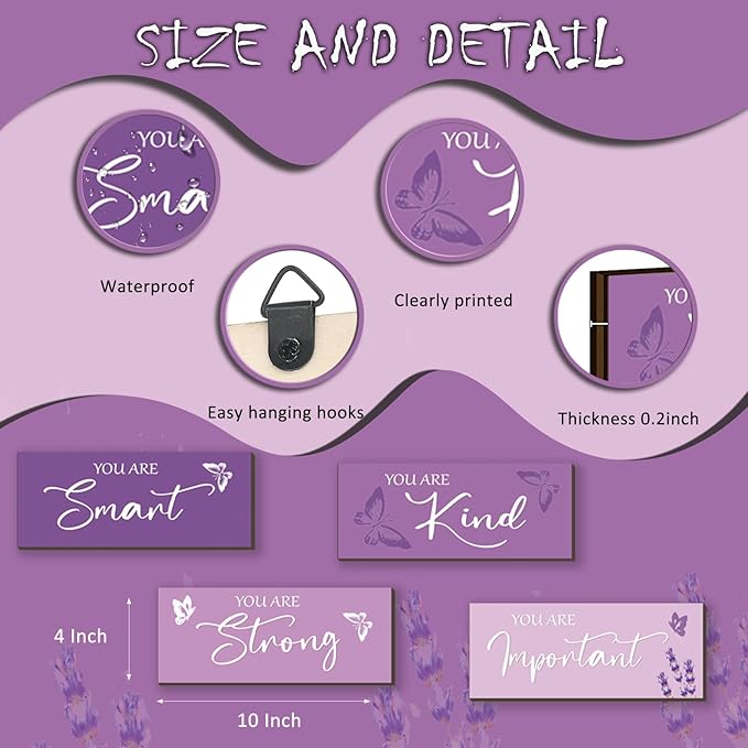 FENCORDAR 4 Pcs Butterfly Wall Decor Girls Room Decor Wooden Purple Wall Decor Positive Butterfly Wall Art Prints Inspirational Gift for Teen Girls Women Room Nursery Bedroom Bathroom(Purple, 10x4)
