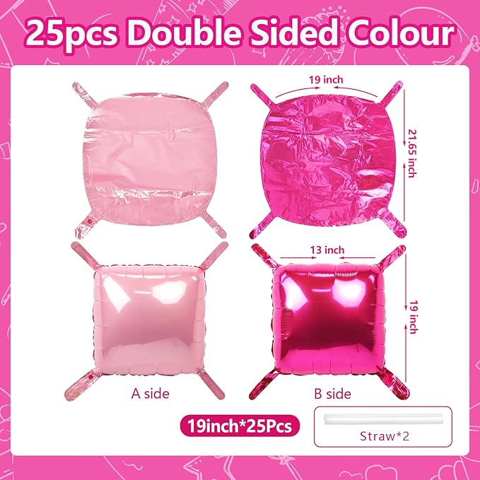 NISOCY 25PCS Hot Magenta Pink Square Foil Balloons Wall Backdrop Double Sided Metallic Pink Balloons Arch Kit for Galentines Valentines Day Bachelorette Birthday Engagement Bridal Party Decorations