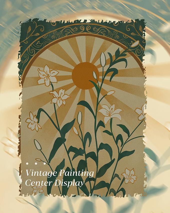 HUARCEY Gold Framed Canvas Wall Art, Sun Botanical Picture Decor, Living Room Bedroom Emerald Green Boho Art, Rustic Vintage Moody Mystical Folk Art Canvas Paintings, 12x16inch