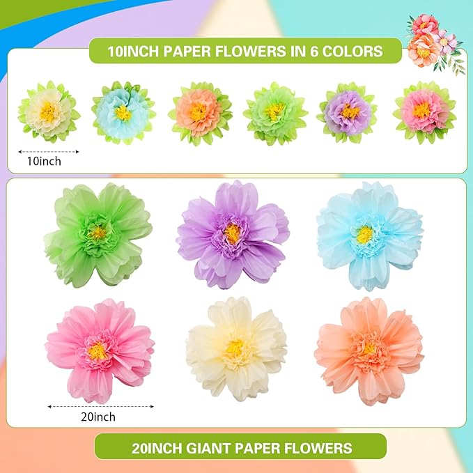 TaoBary Large Colorful Tissue Paper Flowers Giant Fiesta Paper Pom Poms Mexican Birthday Decorations for Wall Wedding Backdrop Centerpiece Party Supplies(20" and 10",Pastel Color,36 Pcs)