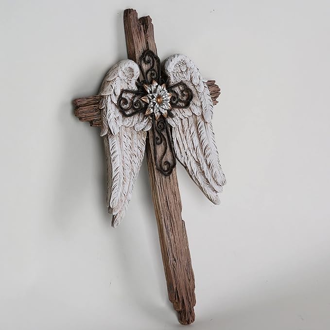 BC Home Decor Angel Wings Crosses Wall Décor, Rustic Decor Style, Decoration Gifts for Women, 12 inches H,Hand Painted by Buildclassic