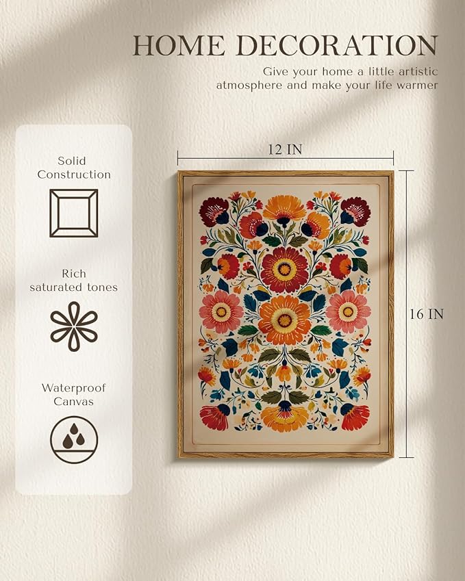WHASAYART Framed Colorful Floral Cute and Elegent Wall Art 12''x16'', Nature Rustic Botanical Canvas Print, Boho Vintage Style, Still Life Orange Blue Red Flower for Living Room Bedroom Decoration