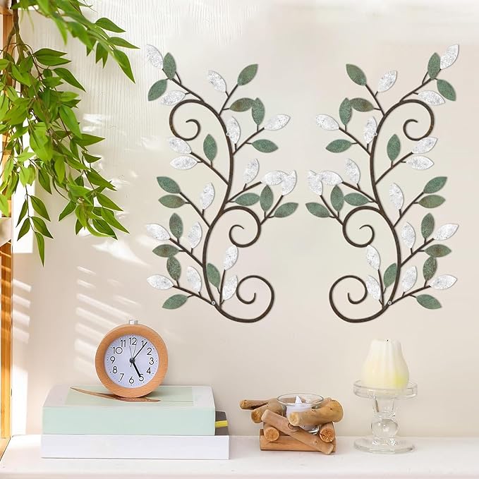 ESTART 2 Pieces Metal Tree Leaf Wall Decor Vine Olive Branch Leaf Wall Art Ornament Wall Hanging Sign for above Door, Living Room, Bathroom, Office, Indoor and Outdoor Decoration (White Green Colors)