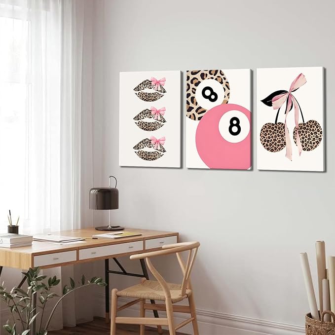 Trendy Pink Leopard Bow Canvas Wall Art Set of 3 Funky Cherry Lucky 8 Ball Posters Prints Cute Coquette Preppy Room Aesthetic Wall Decor Pictures for Girls Bedroom Apartment Dorm 16x24in