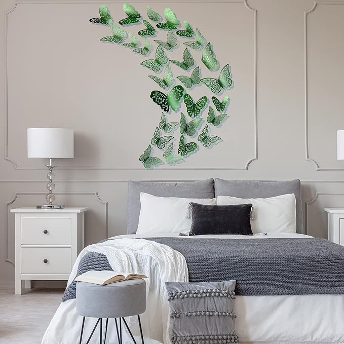 Bememo 72 Pieces 3D Butterfly Wall Decals Sticker Decal Wall Decor Art Decorative Sticker 3 Sizes for Room Offices Bedroom Bathroom Living Room Decor(Light Green)