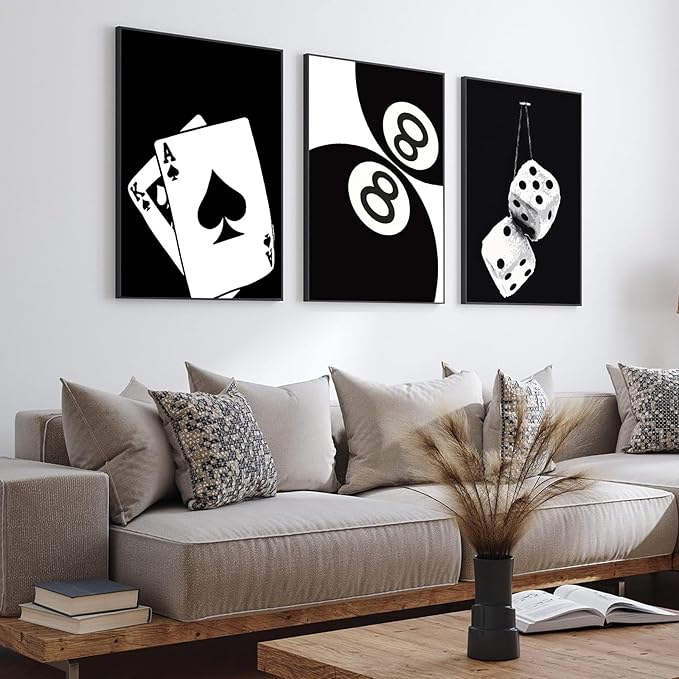 3Pcs Black and White Poker Dice Canvas Wall Art Lucky You Poster Prints Trendy Funky Preppy Y2K 8 Ball Pictures Artwork Aesthetic Painting for Game Room Apartment Dorm Decor 12x16in Unframed