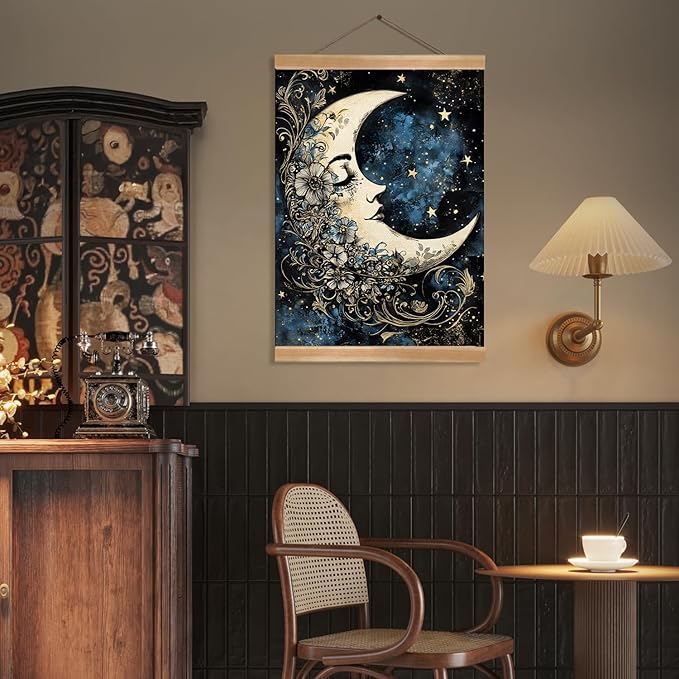 ZTGDA Moon Wall Art Decor– Vintage Hanging Wall Painting Abstract Poster with Solid Wood Frame, Boho Wall Decor,Mystical Celestial Floral Poster for Bedroom, Office(Moon)