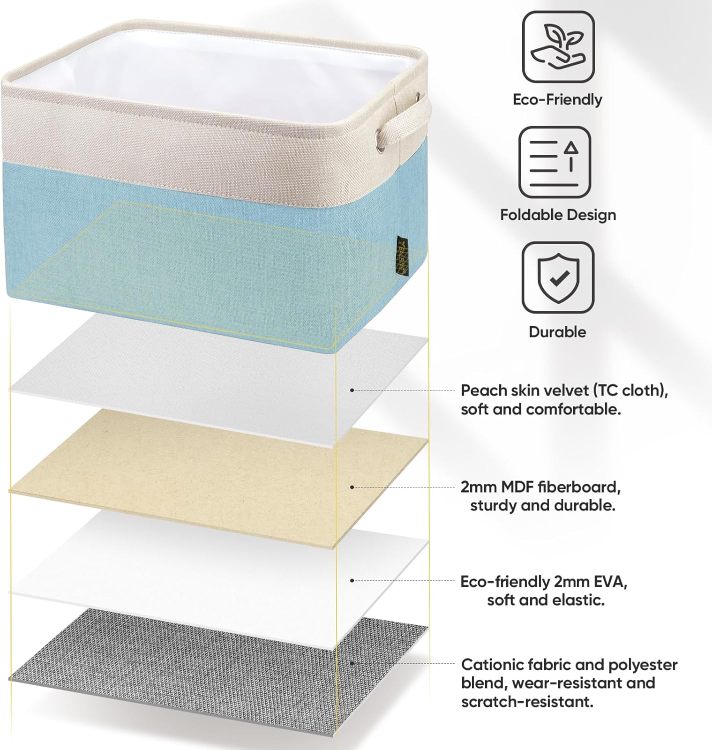 BALEINE 4 Pack Fabric Storage Bins for Shelves, Linen Storage Baskets for Organizing, Decorative Closet Bins for Clothes, Home (Skyblue, 15''x11''x9.5'')