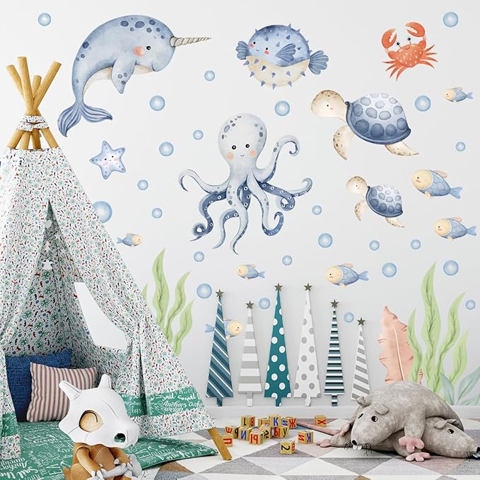 Under The Sea Whales Wall Decal Stickers，Wall Sticker for Children's Room Underwater World,Ocean Watercolor Wall Sticker ，oastal Ocean Hippocampus Octopus Turtle Fish Nursery Decoration.