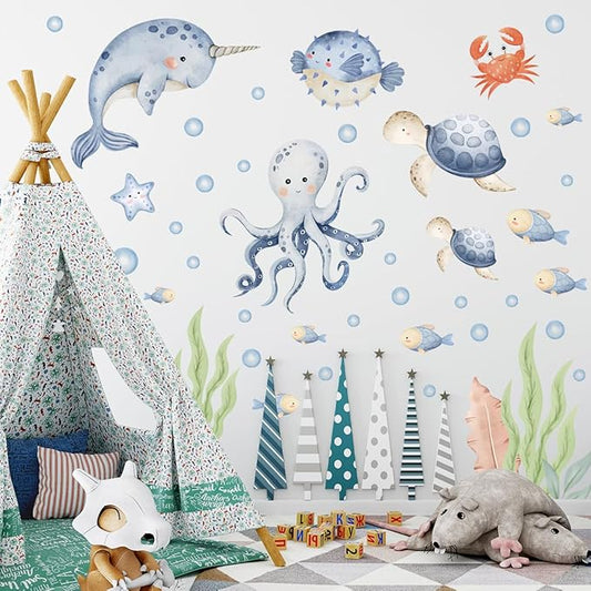 Under The Sea Whales Wall Decal Stickers，Wall Sticker for Children's Room Underwater World,Ocean Watercolor Wall Sticker ，oastal Ocean Hippocampus Octopus Turtle Fish Nursery Decoration.
