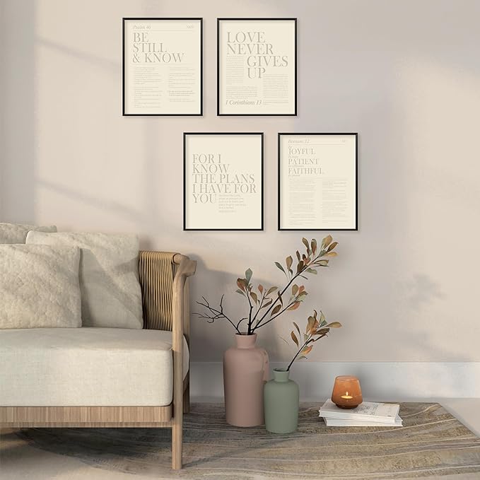 Locomiss Beige Christian Wall Art Decor, Modern Bible Verse Prints, Minimalist Jesus Scripture Wall Decor, Inspirational Bible Posters for Bedroom Office Living Room, Set of 4 (8x10 Unframed)