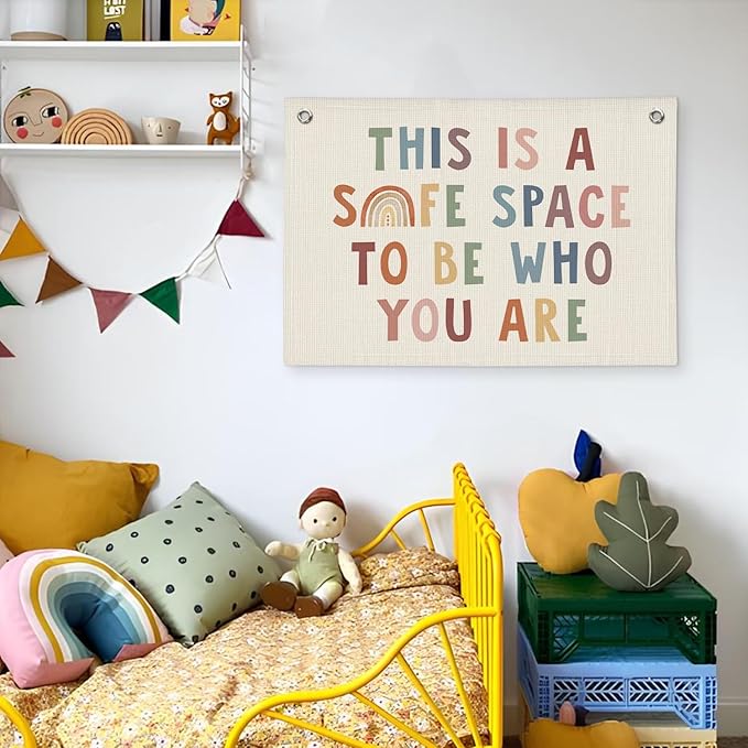 Boho Classroom Decor, This Is A Safe Space Wall Hanging Banner, Therapy Office Wall Linen Wall Hanging Banner Flag Decor for Counseling Office Calming Corner