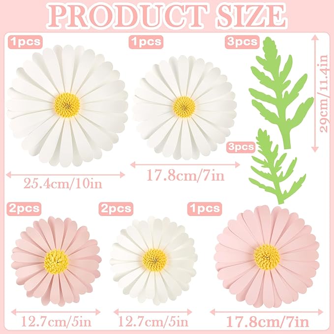SUNBEAUTY Paper Flowers Decorations for Wall Giant Daisy Flowers Bulletin Board Decoration 3D Floral Tissue Paper Flowers Hanging for Classroom Wedding Baby Shower Tea Party Backdrop (Pink, White)