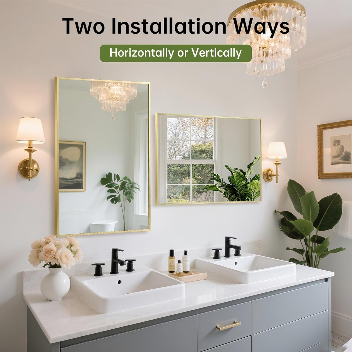 FARMER 22x30 Inch Gold Bathroom Mirror, Rectangle Wall Mounted Mirror, Vanity Mirror, Brushed Square Mirror, Framed Bathroom Mirror for Bedrooms, Entryways, Living Rooms, Horizontal/Vertical
