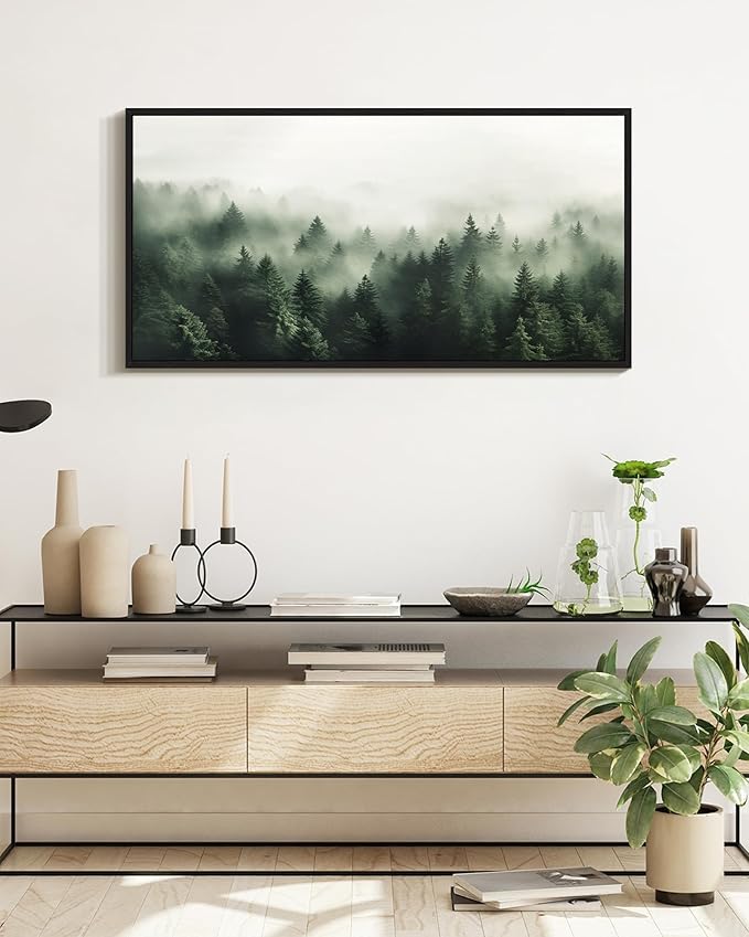 SHENIFY Green Fog Pine Tree Forest Vintage Framed Wall Art Modern Landscape Scenery Farmhouse Artwork Prints Decor for Hallway Bedroom Living Room Dining Room - 20x40in Black Framed