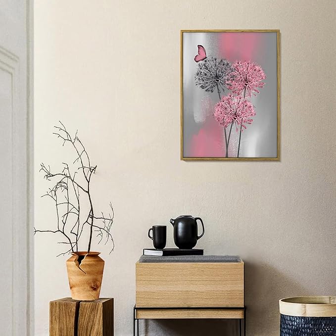 LB Pink Dandelion Framed Wall Art with Butterfly - Modern Pink Grey Canvas Wall Art for Home Contemporary Aesthetic Wall Decor for Home, Ready to Hang 17x12 Inch, Living Room Bedroom Bathroom Decor