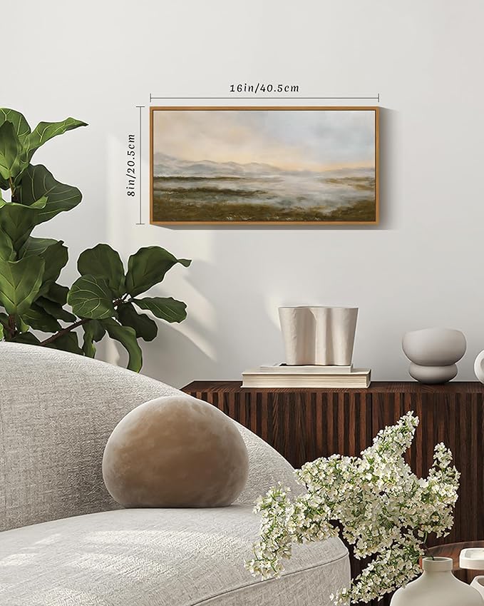 SHENIFY Vintage Framed Wall Art Rustic Dusk in The Forest Landscape Painting Retro Misty Mountains Range Scenery Farmhouse Kitchen Living Room Decor - 8x16in Natural Framed