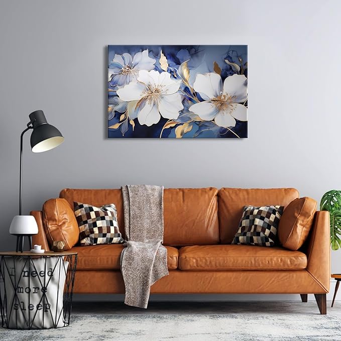 Blue and Gold Wall Art Abstract Flowers Picture Wall Decor Marble Ink Painting Still Life Floral Canvas Prints Poster Watercolor White Floral Artwork for Living Room Modern Home Decorations 24x36"