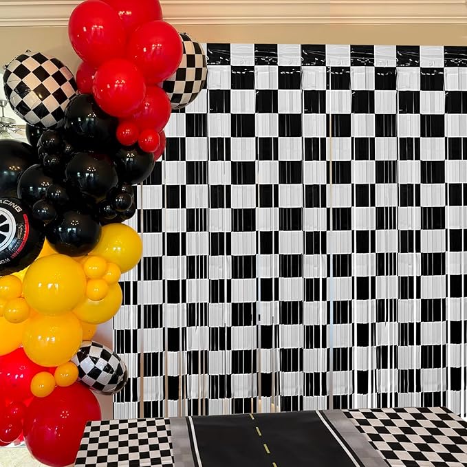 Race Car Birthday Party Streamers Backdrops Decorations, 6 Pcs Checkered Black White Foil Fringe Curtain Photo Booth Props for Racing Cars One Happy Dude Party Decor Supplies