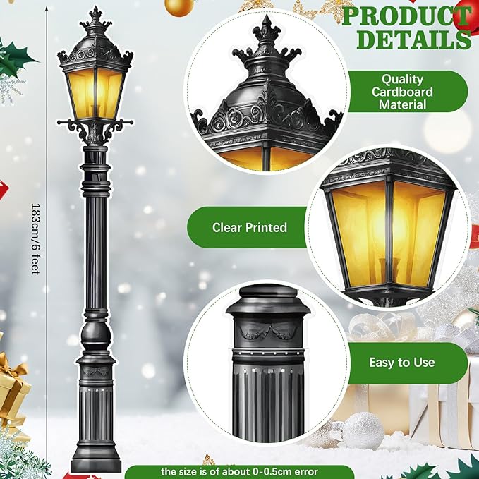 Honoson 2 Pcs 6' Tall Mardi Gras Lamp Post Cutouts Winter Vintage Life Size Lamppost Photo Props New Orleans Carnival Street Light Wall Decorations for Masquerade Party Backdrop Home Decor (Plastic)