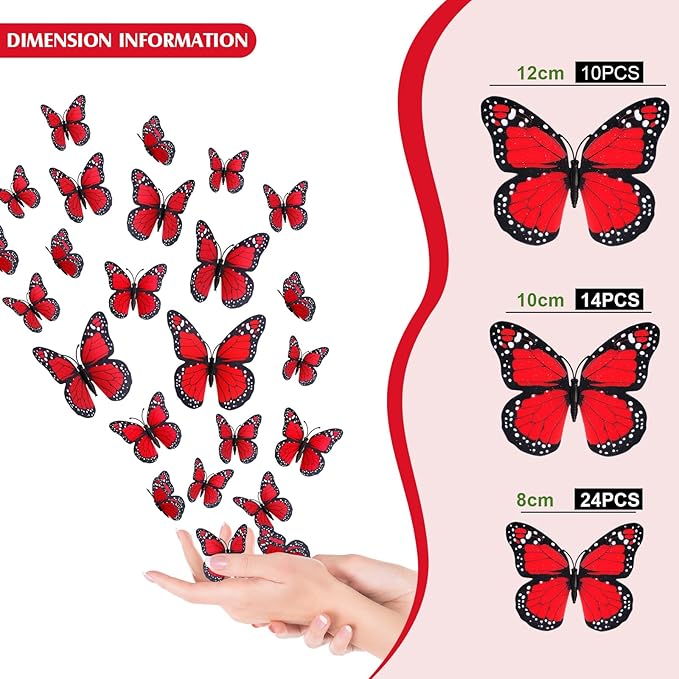 Chuangdi 48 Pcs Red Monarch Butterfly Decorations 3 Size Fake Butterflies Realistic Butterfly Craft Artificial Mariposas Wall Decor for Craft Wedding Home Birthday Party (3.2inch,4inch,4.7inch)