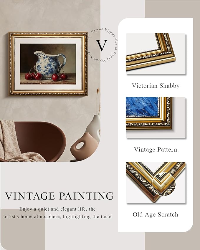 VIYYIEA Gold Framed Classic Still Life Wall Art, Vintage Blue and White Floral Pitcher with Sweet Red Cherries, Elegant Kitchen Wall Decor | Zero-Glare No Glass Design | 13x16 Inch