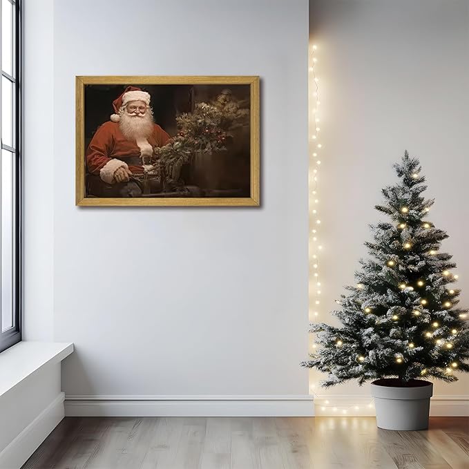 Christmas Wall Art Pictures, Vintage Christmas Wall Decor Prints, Vintage Santa Portrait Canvas Print Posters, Farmhouse Santa Pictures for Wall Framed 16x24 Inch