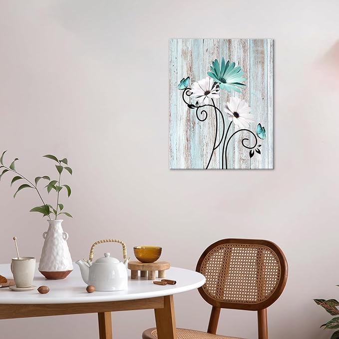 HVEST Teal Daisy Wall Art Vintage Flower and Butterfly on Rustic Wooden Abstract Painting Farmhouse Plant Wall Art for Bathroom Living Room Bedroom Kitchen Decor Ready to Hang, 24Lx16W Inches