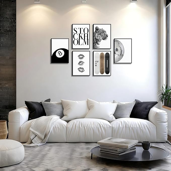 Framed Fashion Trendy Leopard Wall Art Set of 6 Stockholm Preppy Room Painting Picture Wall Decor Black White Aesthetic Cheetah Poster Print Artwork for Girls Bedroom Dorm Apartment Home Decoration