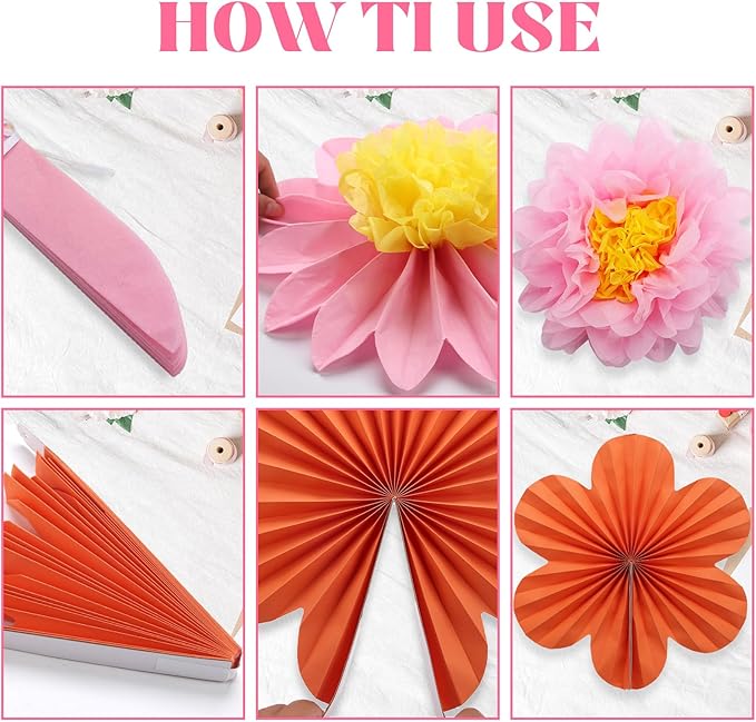 BestoFun 12PCS Paper Flowers Fans Orange and Hot Pink Party Decorations Tissue Paper Flowers Decorations for Girl Groovy Birthday Baby Shower Wedding Bachelorette Room Wall Hanging Décor