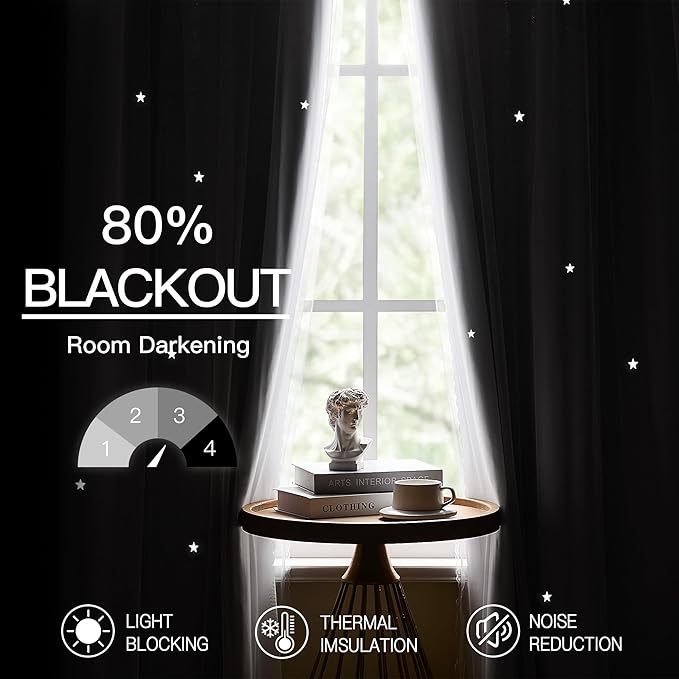 XiDi White Curtains for Girls Bedroom 80% Blackout Double Layer Curtains with Sheer Overlay for Nursery Kids Room Star White Drapes with Tiebacks Grommet Window Treatment 2 Panels W34 X L72