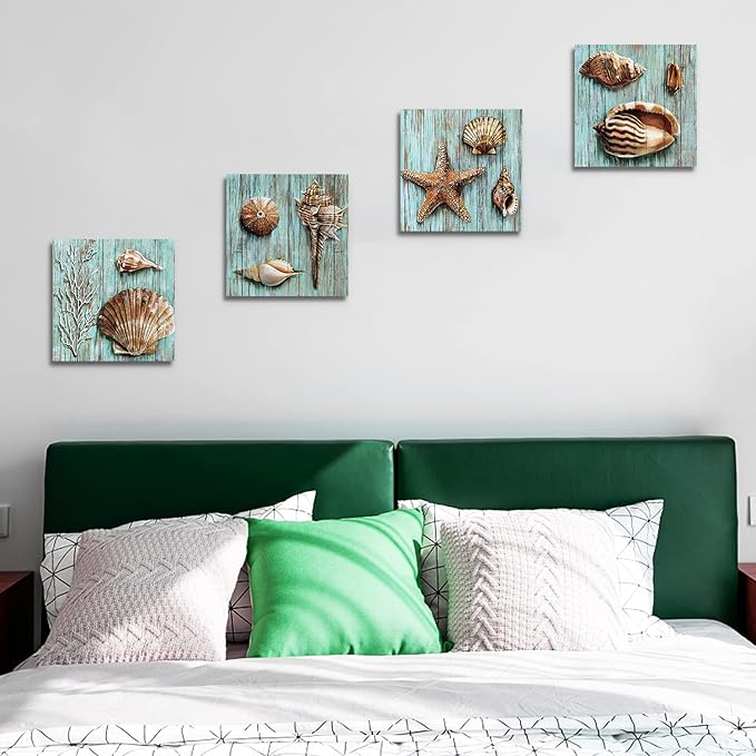 YOOOAHU Seashell Wall Art Vintage Coastal Wall Decor Nautical Bathroom Decor Rustic Beach Theme Pictures Teal Blue Ocean Starfish Canvas Paintings Posters Beachy Artwork Home Decorations 12x12 4 Pcs