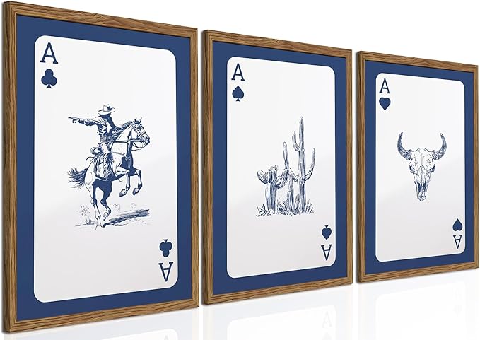 Western Wall Art Set of 3, Blue Cowboy Wall Decor Trendy Southwestern Playing Card Longhorn Bull Skull Poster Canvas Aesthetics Prints for Bedroom Living Room 12x16 inch Wood Framed