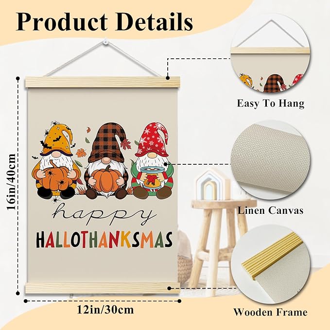 Happy Hallothanksmas Posters Hanger Frame Hanging Poster for Home Office BedRoom Decor Wall Art Decor Gifts for Thanksgiving Halloween Christmas Autumn Canvas Wall Art Print 16x12 Inches - YY068