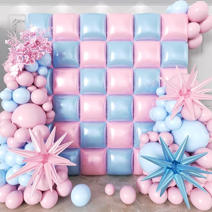 36pcs Pink and Blue Square Foil Balloons Wall Backdrop with 147pcs Balloon Garland Arch Kit, Double Sided Balloons for Princess Birthday Boy or Girl Gender Reveal Baby Shower Party Decorations