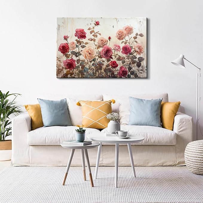 Pink Rose Wall Art for Living Room Decor Vintage Roses Flowers Wall Decor Retro Floral Canvas Prints Pictures Rustic Farmhouse Flower Paintings Artwork for Bedroom Bathroom Home Decorations 32x48"
