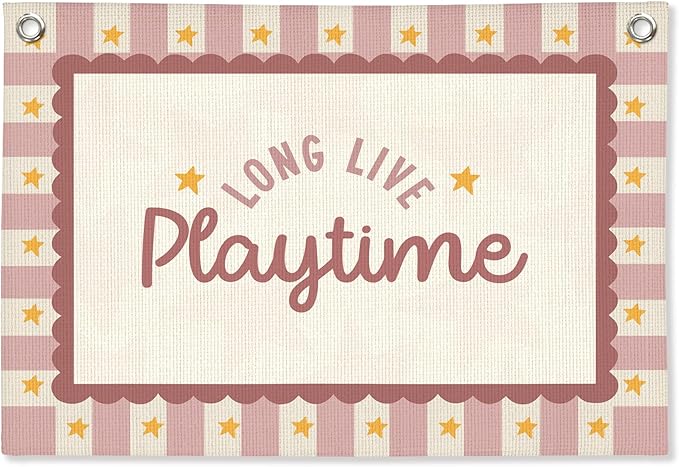 Playroom Wall Decor,Long Live Playtime Linen Canvas Banner,Pink Toddler Playroom Decor Kids Room Nursery with Star Pattern Wall Decor for Toddler Girls Toy Room Bedroom,30x20 Inch