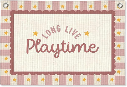 Playroom Wall Decor,Long Live Playtime Linen Canvas Banner,Pink Toddler Playroom Decor Kids Room Nursery with Star Pattern Wall Decor for Toddler Girls Toy Room Bedroom,30x20 Inch