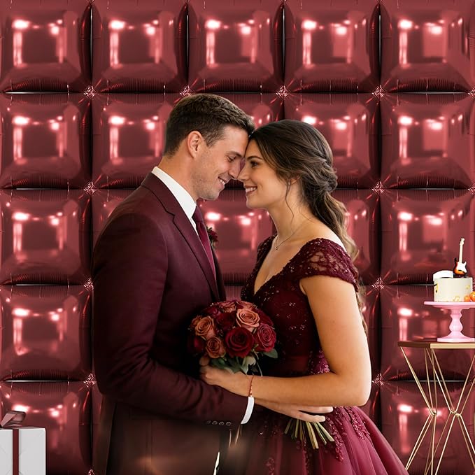 NISOCY 25PCS Maroon Square Foil Balloons Wall Backdrop Double Sided Brown Red Balloon Arch Kit for Birthday Wedding Valentine Engagement Anniversary Candlelight Dinner Party Decoration